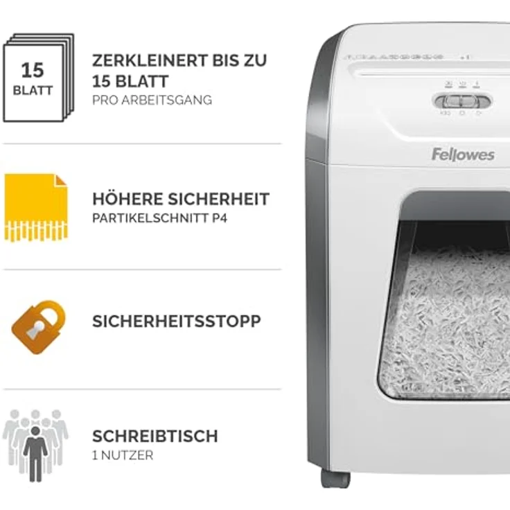 Fellowes Aktenvernichter Powershred 15C - 15 Blatt Querschnitt, 19L Auszugsbehälter, Hochsicherheitsstufe-P4, Weiß – Bild 2