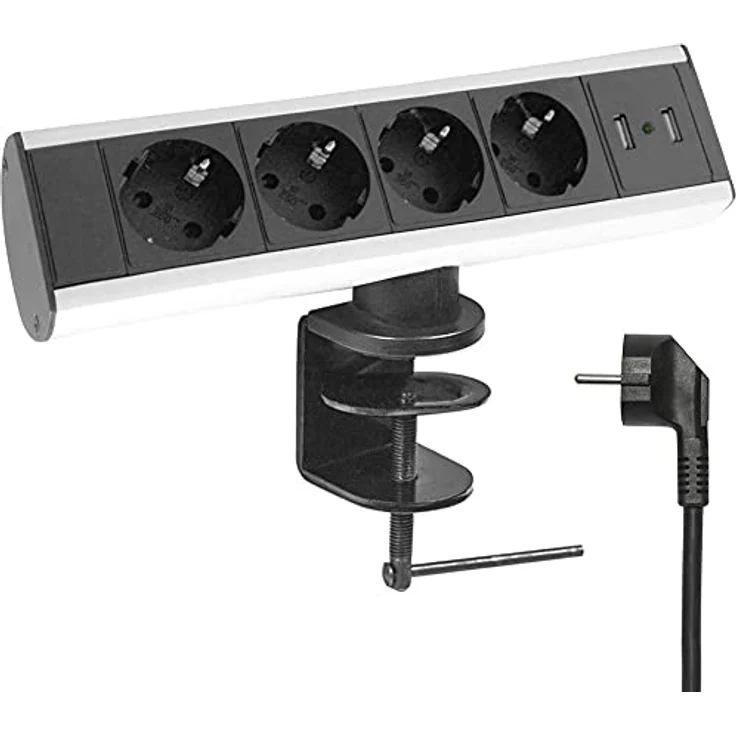 Elbe Inno Tischsteckdose T-Form mit 4 Steckdosen & 2 USB-A, Hochwertige Aluminiumsteckdosenleiste in schwarz-grau für Arbeitsplatte – Bild 1