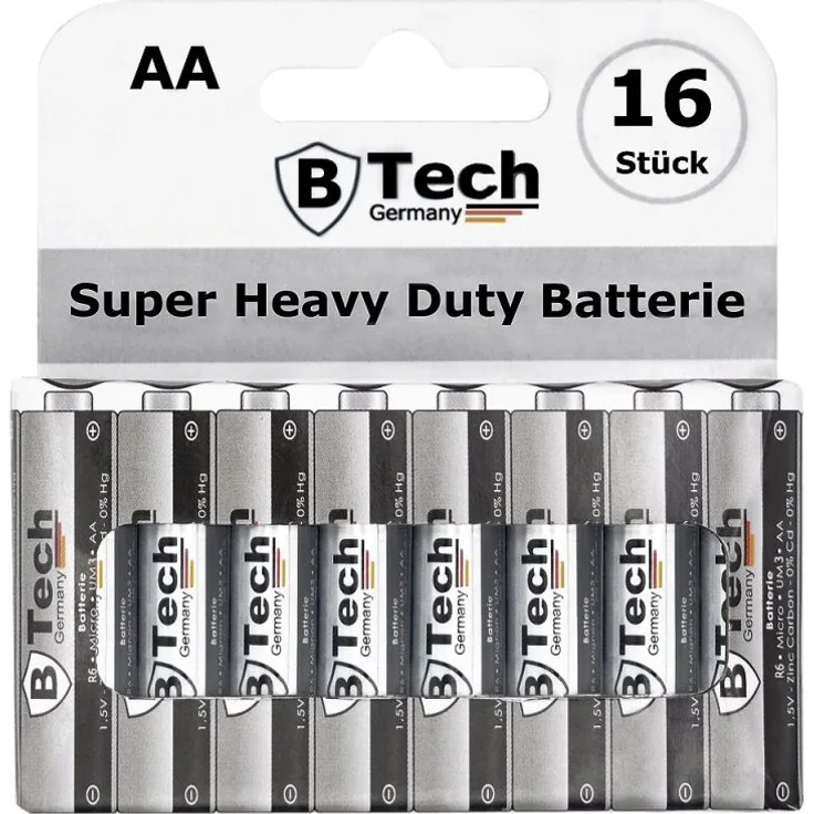 B-Tech Batterie Super Heavy Duty R6 AA Mignon, 16er Pack, 1,5 Volt Blister