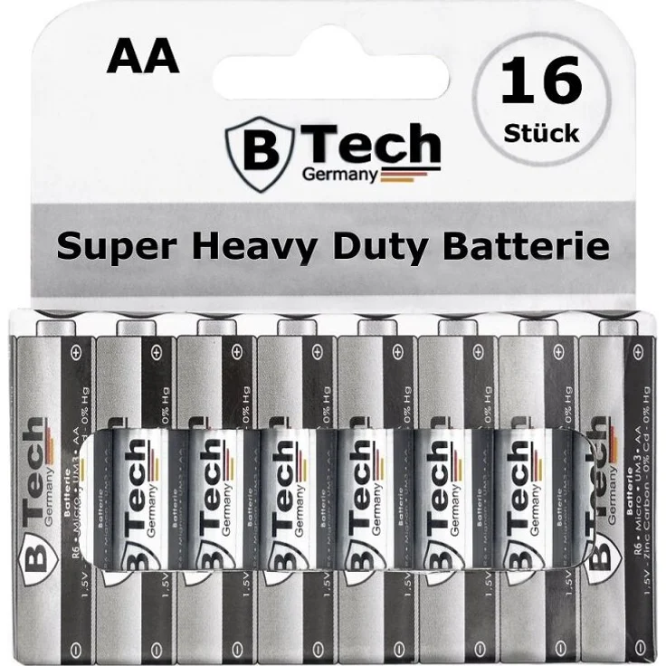 B-Tech Batterie Super Heavy Duty R6 AA Mignon, 16er Pack, 1,5 Volt Blister