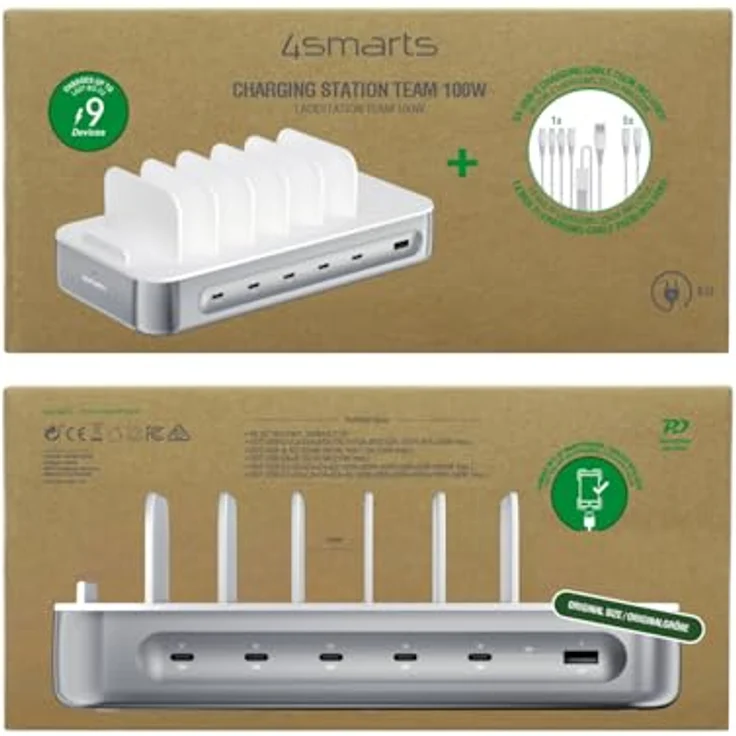 4smarts Ladestation Team 100W 5C/1A, Ladegerät für bis zu 9 Geräte, inkl. 5 USB-C-Kabel und 4in1-Kabel, Schnellladung, Silber – Bild 9