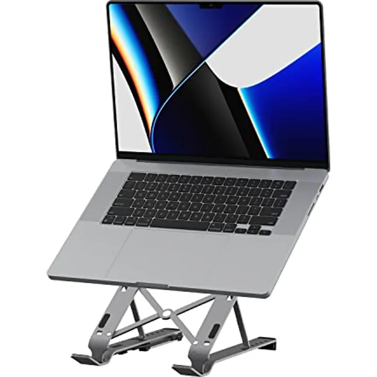 j5create Laptop-Ständer mit USB Hub- Faltbarer Aluminium-, tragbarer Laptop-Ständer mit 4 USB3.2-Anschlüssen für Laptops, Handys und Tablets (JTS223)