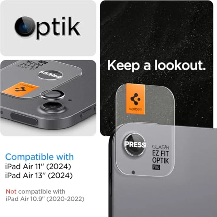 Spigen Glas.tR EZ Fit Optik Pro Kameraschutz für iPad Air 13/11 Zoll M2 (2024), 2 Stück, Space Grau, Individuelle Objektive, 9H Härte Folie – Bild 2