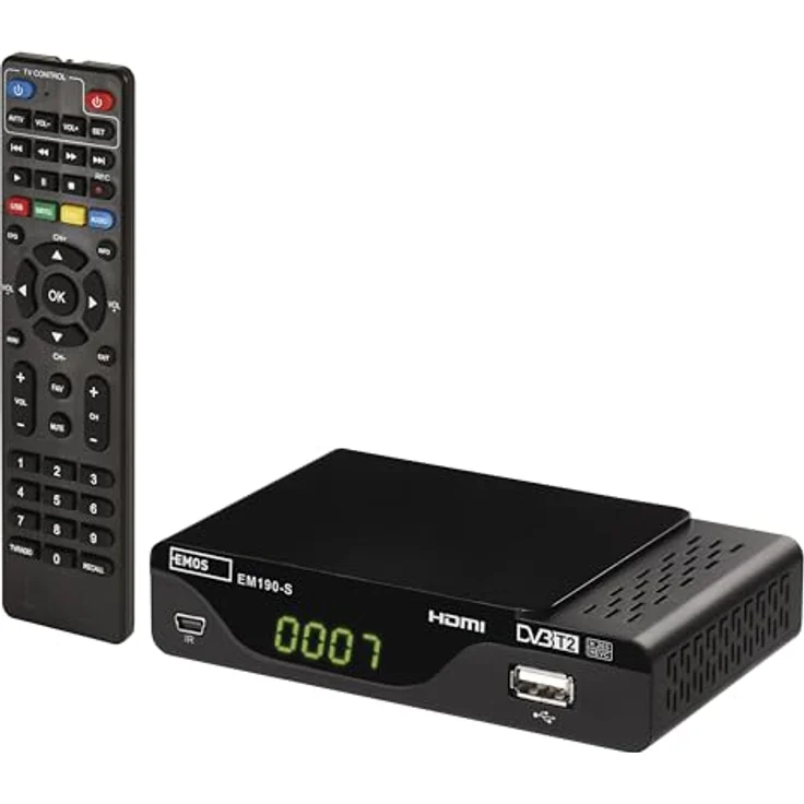 EMOS DVB-T2 HD Receiver H.265 HEVC, Full HD mit USB, HDMI, SCART, PVR, Mediaplayer und EPG Funktion, Infrarot-Sensor, 1080p – Bild 1