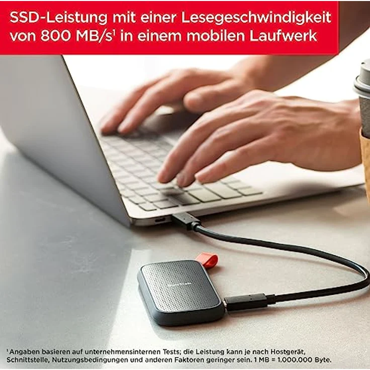 SanDisk Portable SSD 1 TB (externe Festplatte mit SSD Technologie 2,5 Zoll, 800 MB/s Übertragungsraten, robustes Laufwerk, robuste Befestigungsschlaufe aus strapazierfähigem Gummi) grau – Bild 4