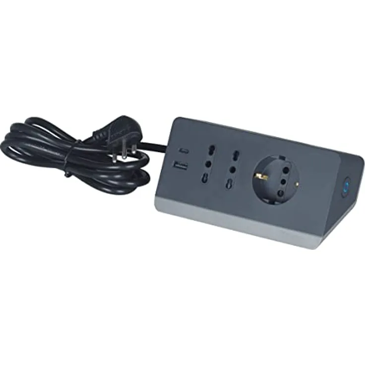 Bticino S3711DBU Elektrische Steckdosenleiste für Schreibtisch, Kleiner Stecker 10 A, 2 Steckdosen 10 oder 16 A, 1 Schuko-Steckdose, 2 USB 3A, Typ A-C, Sicherheitsschalter, Kabel 2 m, Grau