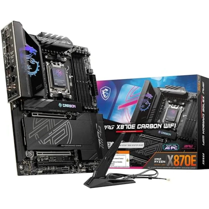 MSI MPG X870E Carbon WiFi Mainboard, ATX - AMD Ryzen 9000/8000/7000 Unterstützung, DDR5 Memory Boost 8400+MT/s, PCIe 5.0 x16 & 4.0 x16, M.2 Gen5, Wi-Fi 7, 5G LAN – Bild 1