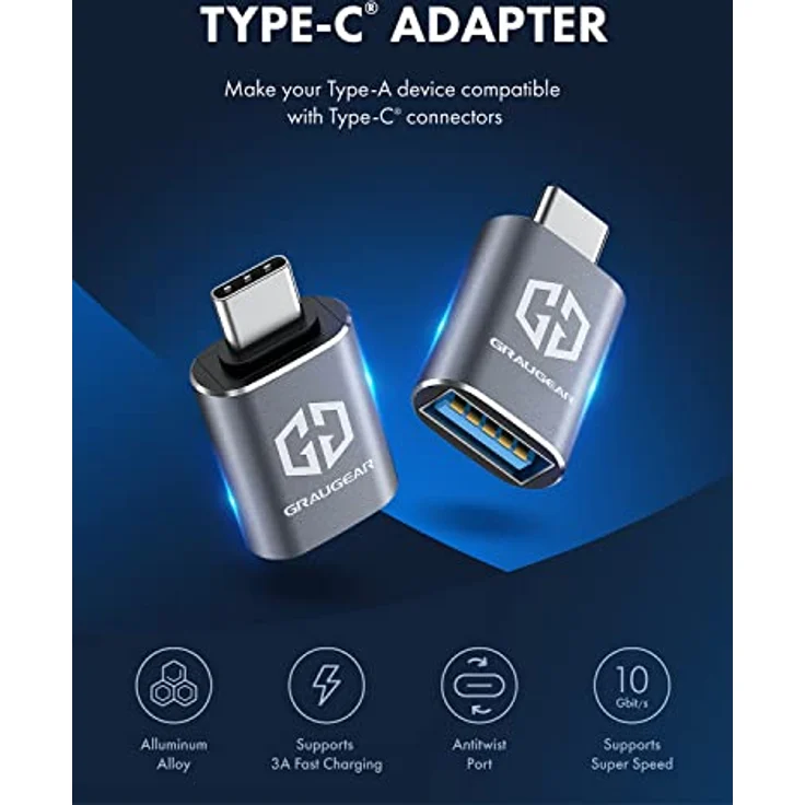 GRAUGEAR | 2 Stücke Adapter | USB zu USB-C | Double Sides USB-C | 10 Gbit/s Datenübertragung USB 3.2 Gen2 | Type-A Buchse zu Type-C® Stecker | USB-C auf USB USB 3.1 Gen2 | G-AD-ATC-10G-2 – Bild 3