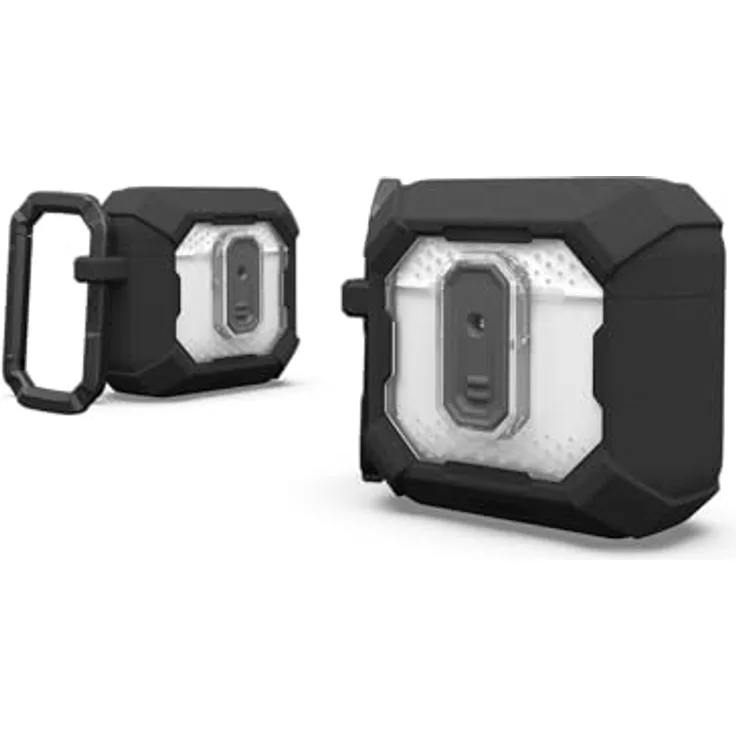 URBAN ARMOR GEAR Plasma Case für die Apple AirPods 4 Hülle [2024] (Magnetisch, Wireless-Charging kompatibel / Status LED sichtbar, Abnehmbarer Karabinerhaken) schwarz / transparent