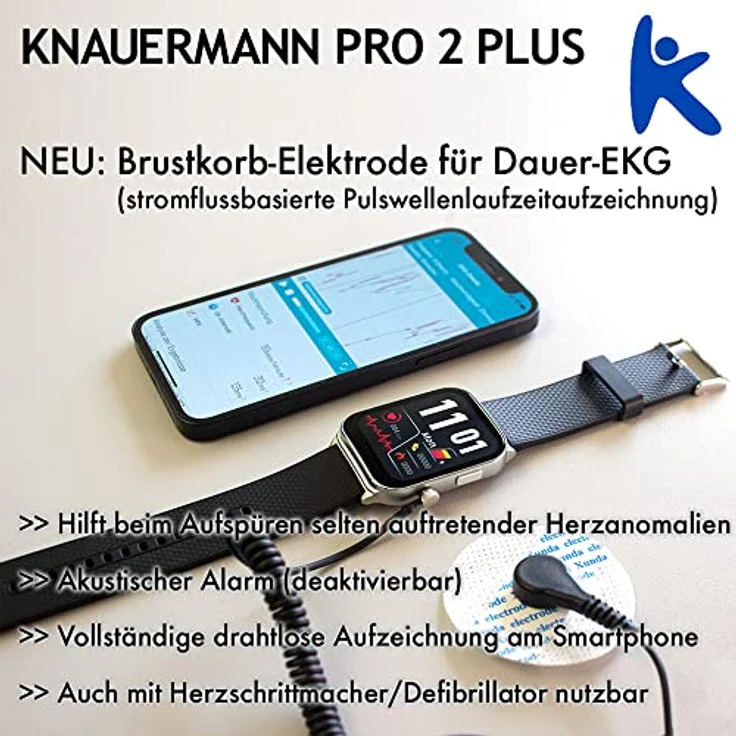 Knauermann PRO 2 Plus, Smartwatch mit Lederarmband, EKG-Sensor, Blutsauerstoffmessung, Benachrichtigungen für Anrufe und Nachrichten – Bild 5