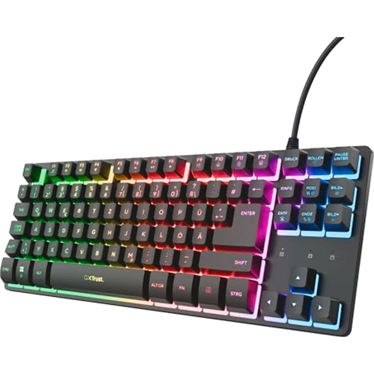 Trust GXT 833 Thado TKL Gaming Tastatur, Deutsche QWERTZ, Kompakte 80% USB Tastatur mit Metall-Rückplatte, Anti-Ghosting, LED-Beleuchtung, Schwarz – Bild 1
