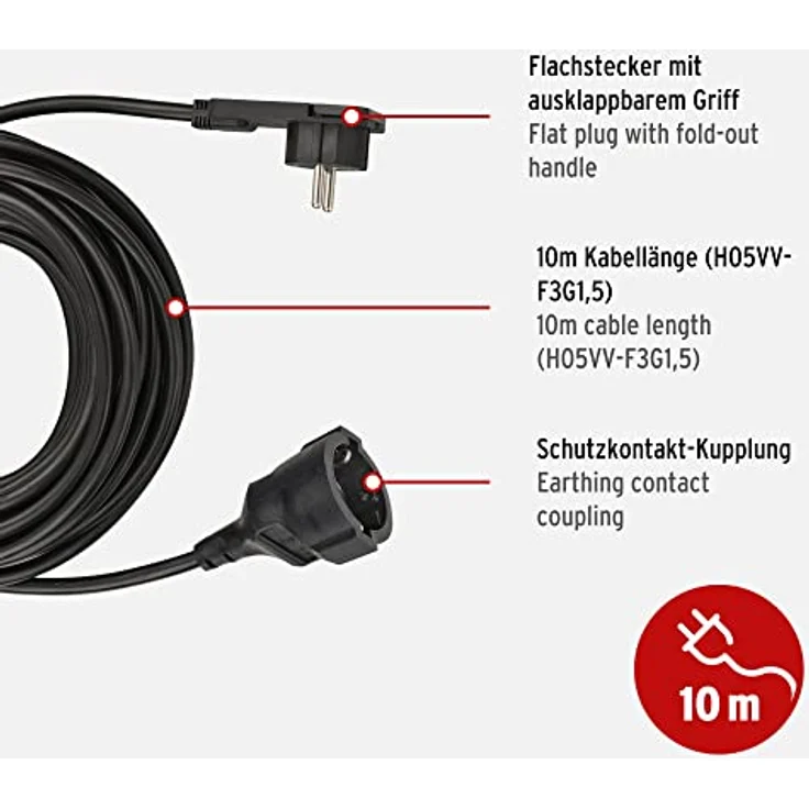 Brennenstuhl Qualitäts-Kunststoff-Verlängerungskabel mit Flachstecker (Verlängerungskabel flach für innen mit 10m Kabel) schwarz – Bild 2