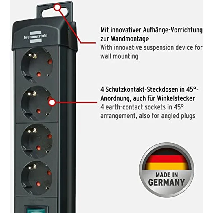 Brennenstuhl Premium-Line, Steckdosenleiste 4-fach (Steckerleiste mit Schalter und 1,8m Kabel -45° Winkel der Schutzkontakt-Steckdosen, Made in Germany) schwarz – Bild 2