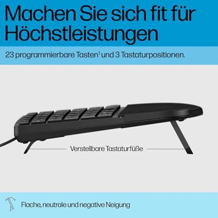 HP 480 Comfort Tastatur, kabelgebunden, ergonomisch mit leisen Tasten, Handballenauflage, 23 programmierbaren Tasten, USB-A, QWERTZ Layout, kompatibel mit Windows/macOS/ChromeOS, Schwarz – Bild 5