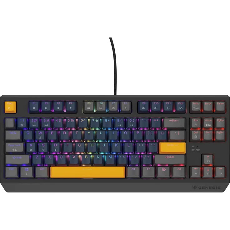Genesis Klawiatura Thor 230 TKL Outemu Panda (NKG-2163), Mechanische Gaming-Tastatur mit RapidSpeed™ Wireless-Technologie, Grau/Schwarz/Orange/Blau, kabellos und kabelgebunden, 3000-mAh-Akku