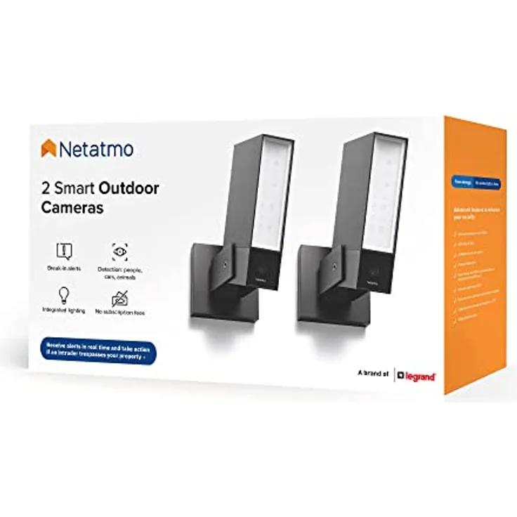 Netatmo Paket mit 2 Outdoor-Kameras, WLAN, Integrierte Beleuchtung, Bewegungserkennung, Nachtsicht, Ohne Abonnement, NBU-2-NOC-AMZ, Schwarz, Paket mit 2 Stück – Bild 1