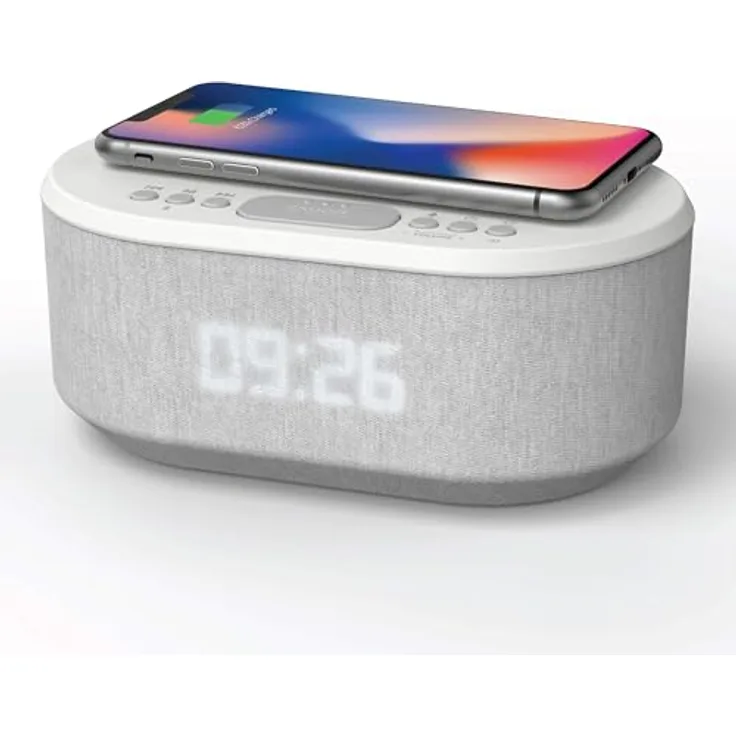 AIC Radiowecker AIC 18 BT, Designer Uhrenradio mit USB, Bluetooth, induktivem Laden, Dual Alarm und weissem LED-Display