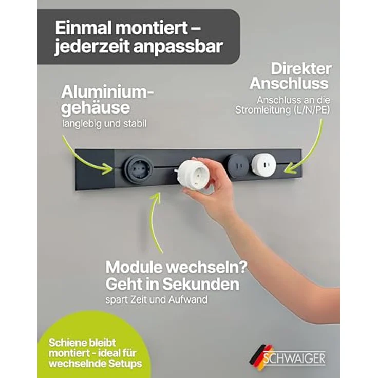 Schwaiger Steckdosenadapter für modulare Stromschiene, 6,2 cm, Schwarz, 3680 W Leistung mit Drehregler und VDE-Zertifizierung – Bild 6