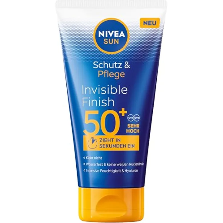 NIVEA SUN Schutz & Pflege Invisible Finish LSF 50+, wasserfester Sonnenschutz mit Hyaluron, schnell einziehende Sonnencreme ohne weiße Rückstände, 150 ml