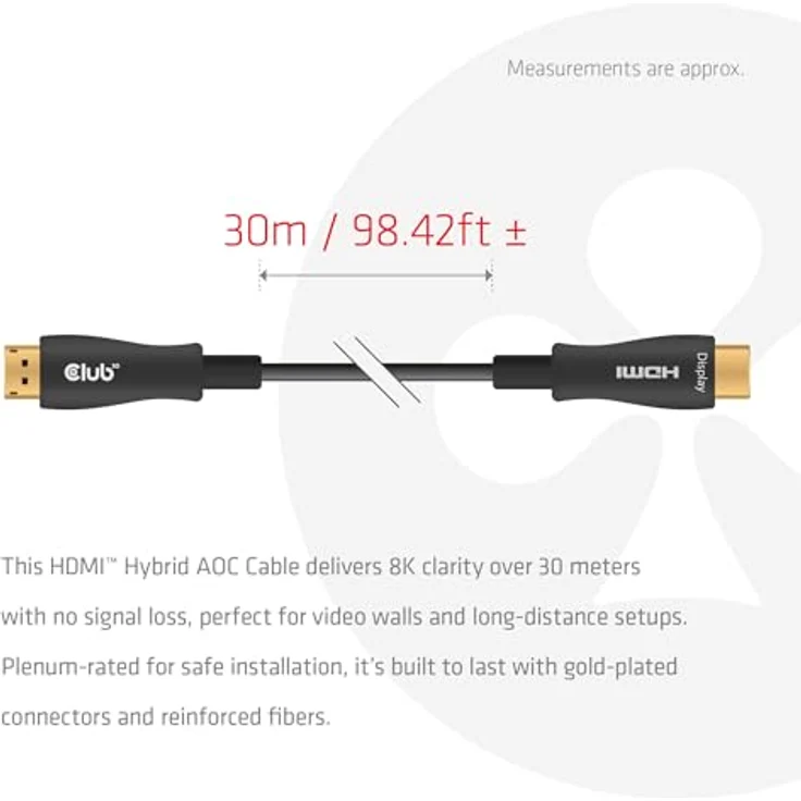 Club3D CAC-1392 HDMI™ Hybrid AOC Kabel, 30m, 8K60Hz/4K120Hz, unidirektional, schwarz, plenum-zertifiziert, 48 Gbit/s – Bild 4