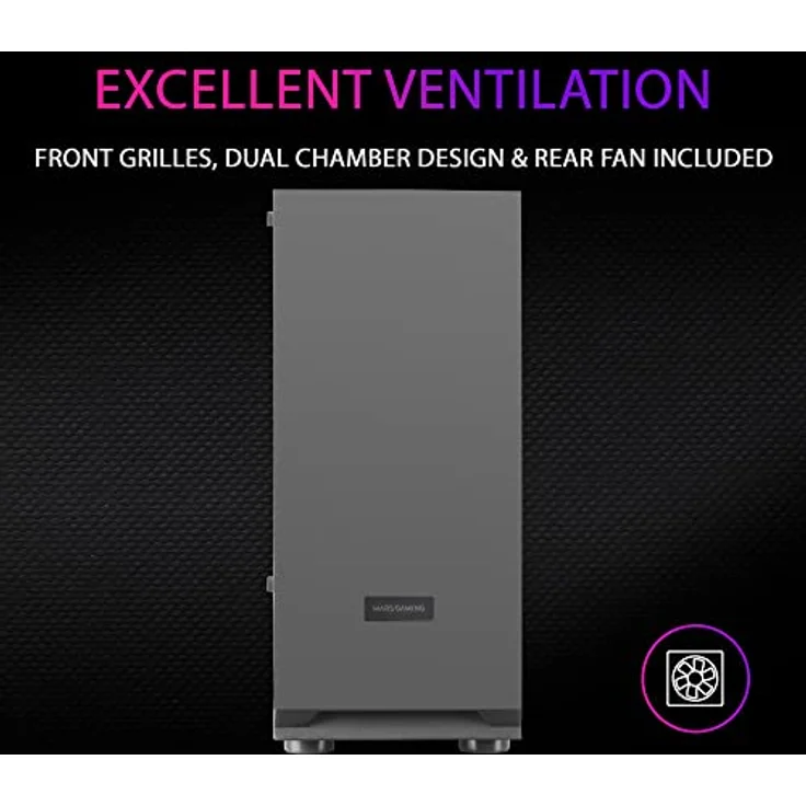 Mars Gaming MCN2, ATX Gaming PC Gehäuse, Volles Seitenfenster, Frontgitter, Doppelkammer Design, 12cm Lüfter Hinten, Schwarz – Bild 3