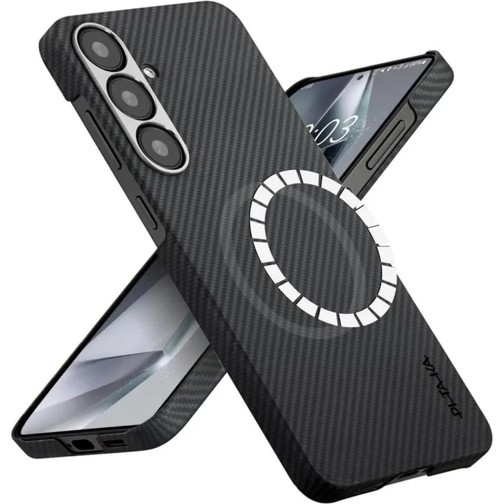 Pitaka Ultra-Slim Case MagEZ 6, Hülle aus 600D Aramidfasermaterial für Samsung Galaxy S25, Schwarz/Grau Twill mit rutschfester Textur und integrierter magnetischer Kompatibilität