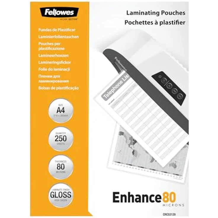 Fellowes Laminierfolien glänzend für A4, 80 micron, 250 Stück - Hohe Stabilität und Brillante Farbwiedergabe – Bild 1