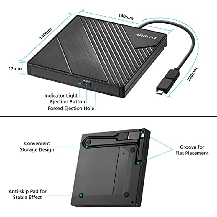 Amicool Externes DVD Laufwerk, USB 3.0 & USB-C, tragbarer DVD Brenner für Laptop, Desktop, MacBook, kompatibel mit Windows 7/8.1/10/11, Linux & Mac OS – Bild 5