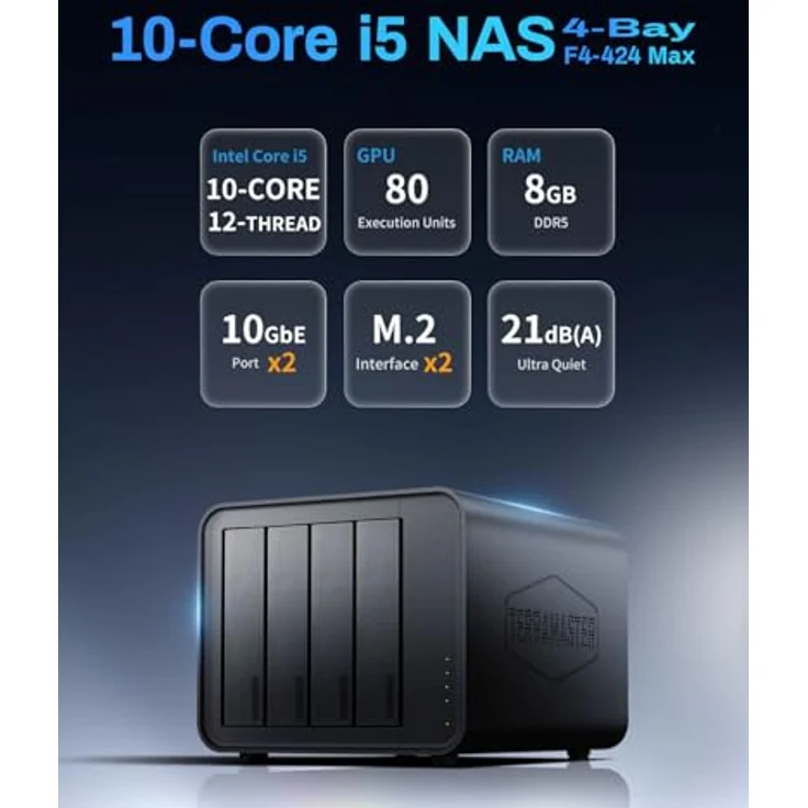 TERRAMASTER F4-424 Max NAS Storage - 4Bay Core i5 1235U 10Cores 12 Threads, 8GB DDR5 RAM, 10GbE Port X2, Diskless – Bild 2