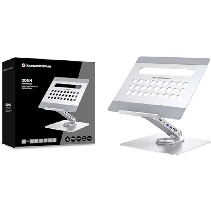 Conceptronic DONN27G Laptopständer mit 7-in-1-Dockingstation, 360° drehbarer Sockel, höhenverstellbar, Aluminiumgehäuse