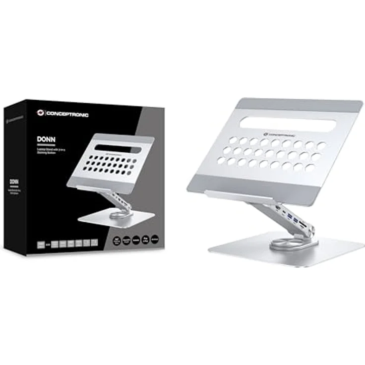 Conceptronic DONN27G Laptopständer mit 7-in-1-Dockingstation, 360° drehbarer Sockel, höhenverstellbar, Aluminiumgehäuse – Bild 1