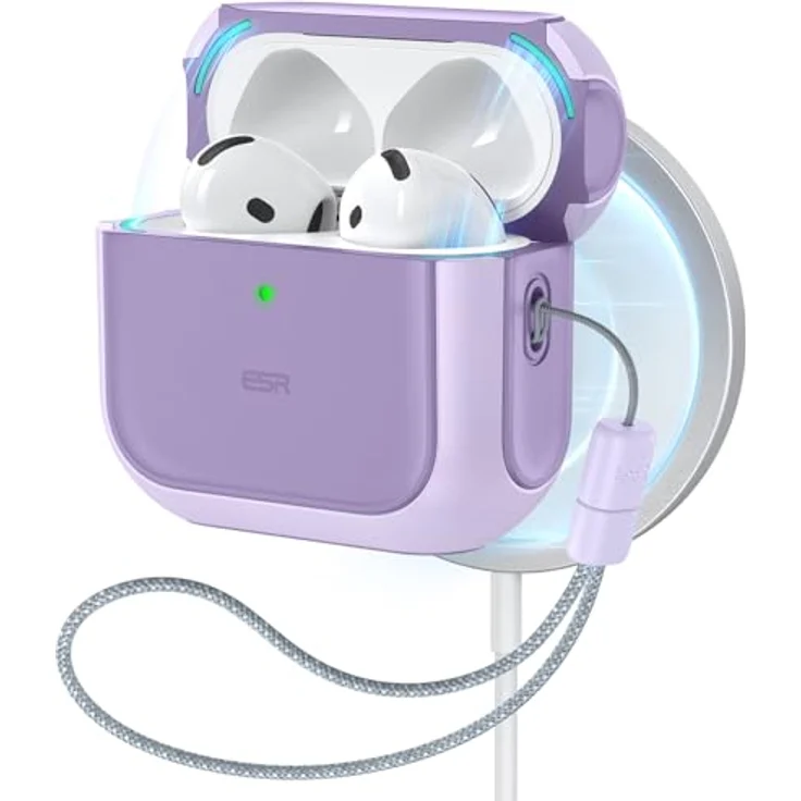ESR AirPods 4 Hülle, kompatibel mit AirPods 4 Gen (2024), USB-C, kabelloses Laden, magnetischer Deckel, Schutzhülle mit Handschlaufe, Orbit Hybrid, Lila – Bild 1