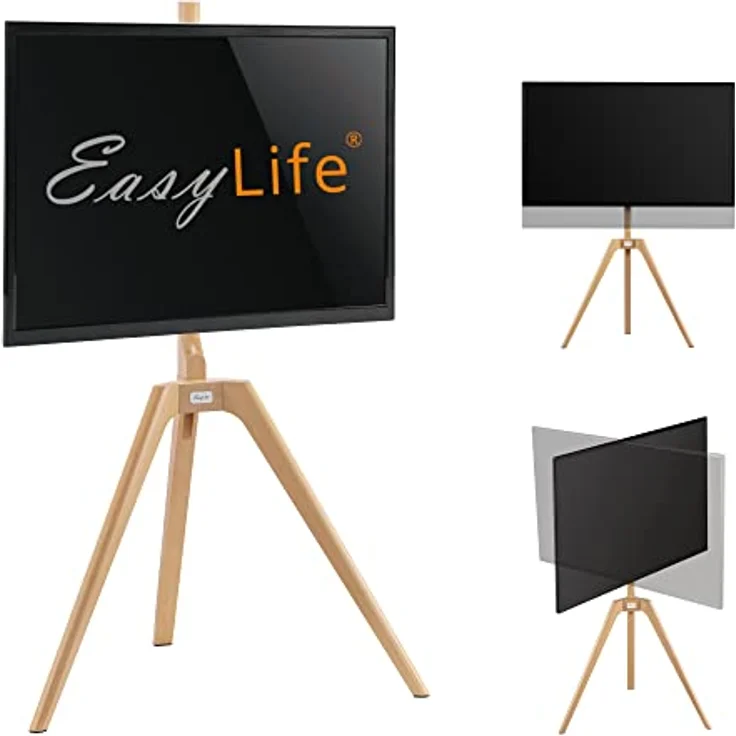EasyLife TV Stativ Holz Staffelei Tripod, schwenkbarer Studio TV Stand bis 65'' Zoll & 40 kg, höhenverstellbar, Kabelmanagement, VESA bis 400x400 (Schwarz/Buche) – Bild 1
