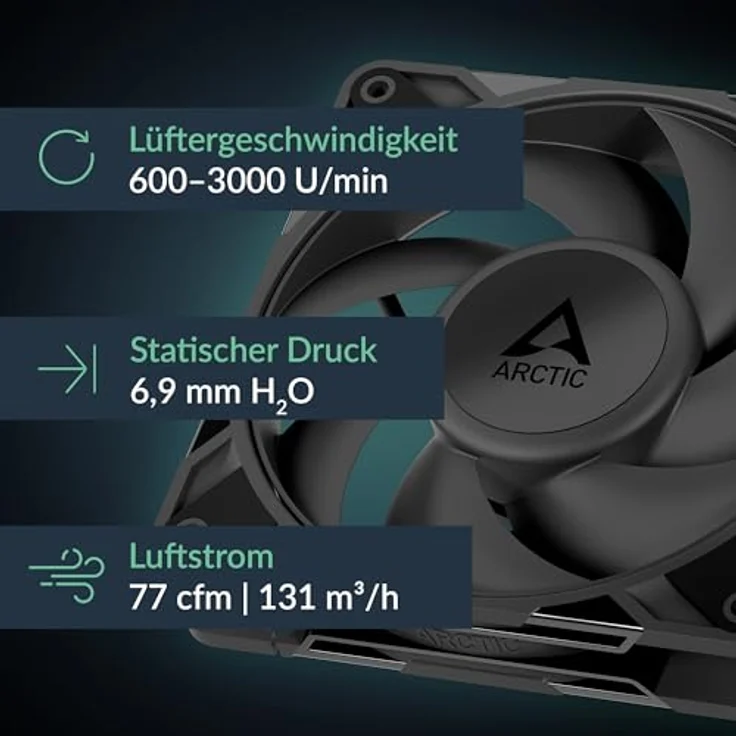 ARCTIC P12 Pro, 120 mm PWM Gehäuselüfter mit 600-3000 rpm, hydrodynamisches Gleitlager, Schwarz – Bild 2