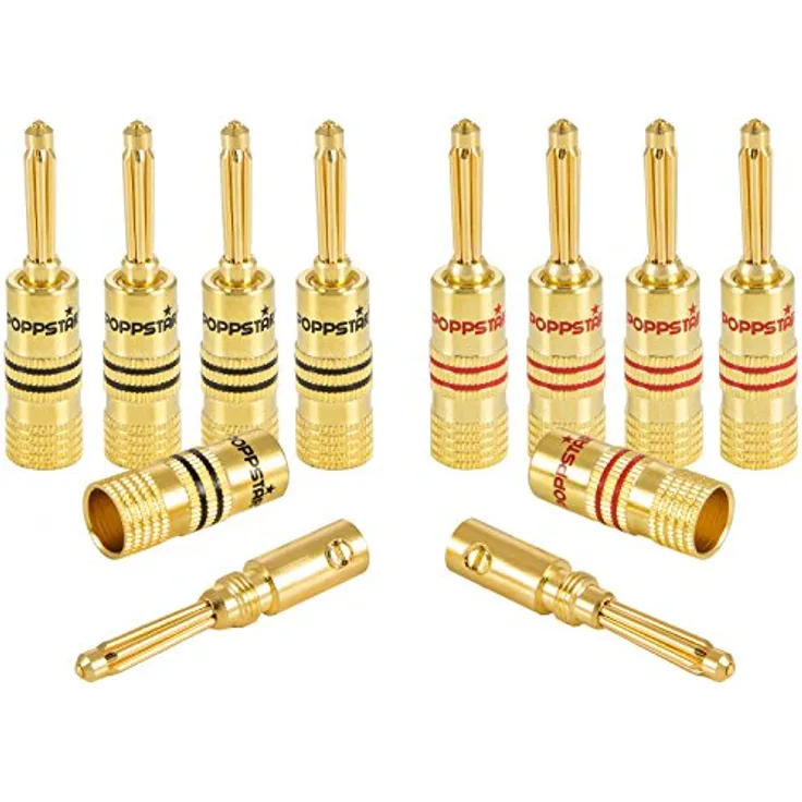 Poppstar 10x High End Bananenstecker, Bananas für Lautsprecherkabel (bis 4 mm²), Lautsprecher, AV Receiver, 24k vergoldet (5x schwarz, 5x rot)