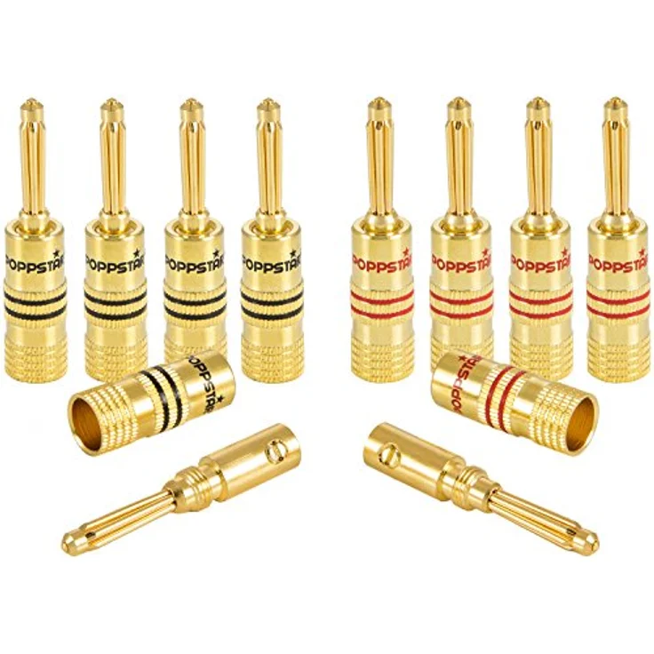 Poppstar 10x High End Bananenstecker, Bananas für Lautsprecherkabel (bis 4 mm²), Lautsprecher, AV Receiver, 24k vergoldet (5x schwarz, 5x rot) – Bild 1