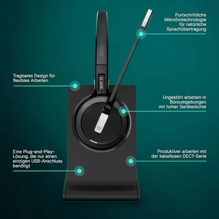 EPOS Impact 5000 Go MS 3-in-1, Professionelles DECT Wireless Headset mit Geräuschunterdrückungs-Mikrofon, Microsoft Teams Zertifiziert, 135 m Reichweite, Faltbare Ladestation & USB-A Dongle – Bild 2