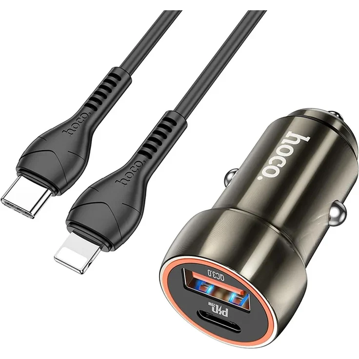 Hoco Z46A QC 3.0 Power KFZ Ladegerät, Schnell Ladegerät mit 2x USB und 1m Lightning Kabel für iPhone, iPad, iPod