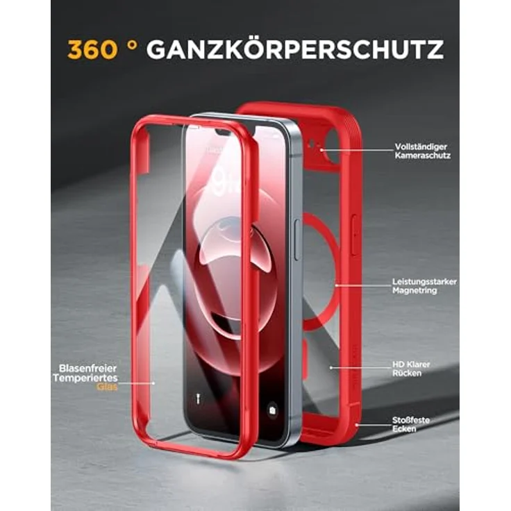 Miracase iPhone 17e & 16e Hülle für MagSafe, 360° Ganzkörper-Schutz, kratzfester Panzerglas-Schutz, vollflächiger Kameraschutz, langlebig, rot – Bild 2