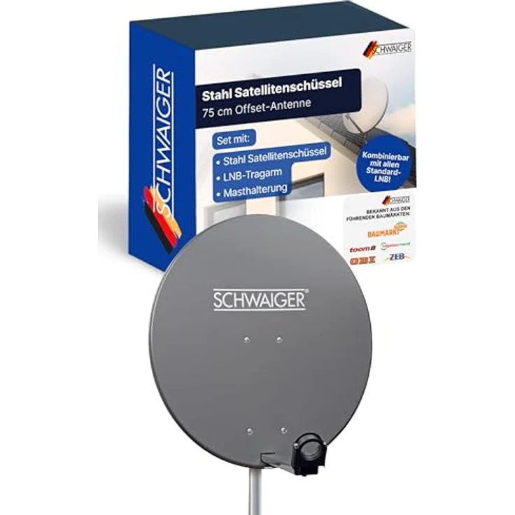 SCHWAIGER Satellitenschüssel Ø 80 cm, Wetterfeste Offset Antenne in anthrazit, Multifeed geeignet mit LNB Tragarm & Masthalterung, maximale Empfangsleistung 38,5 dB – Bild 1