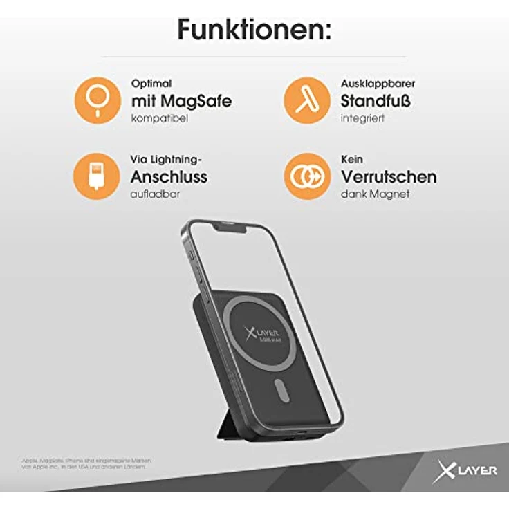 XLayer MagFix Pro 2-in-1 Magsafe Powerbank mit Standfuß 5.000 mAh Schwarz tragbarer Zusatzakku mit magnetischer Haltevorrichtung, kompatibel für iPhone 12/13/14 – Bild 4