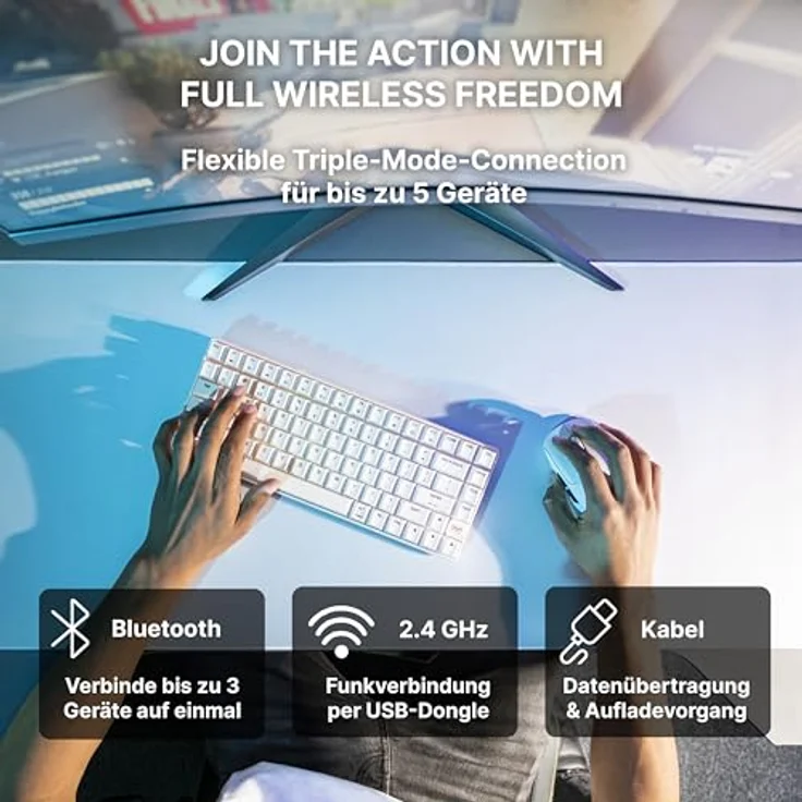 CHERRY XTRFY K33 Compact Wireless, Kabellose Mem-chanical Gaming-Tastatur, 75-Prozent-Format, RGB-Beleuchtung, IP54 Staub- & Spritzwassergeschützt, DE-Layout (QWERTZ), Weiß – Bild 4