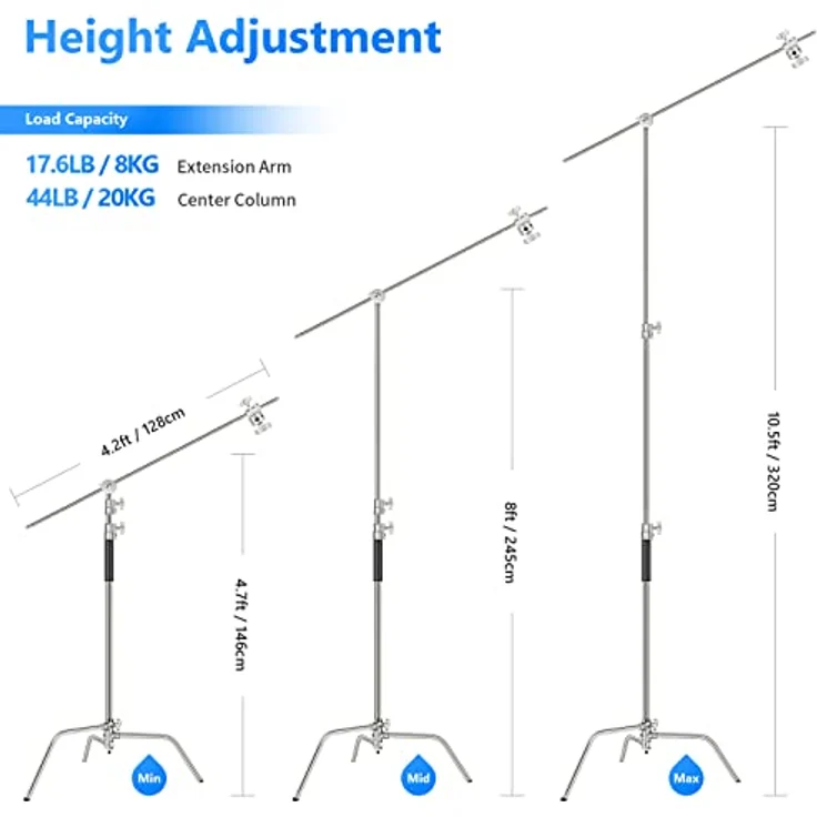 Neewer Pro 100% Metall Max Höhe 10ft / 305cm verstellbarem Reflektor Ständer mit 4 Fuß / 120cm Halter Arm und 2 Griff Kopf für Fotografie Studio-Video-Reflektor, Monolight und andere Ausrüstung – Bild 3