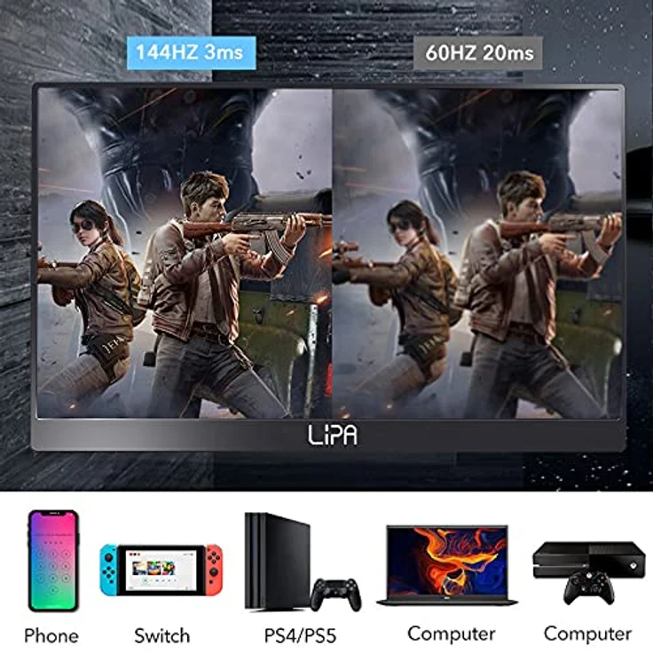 Lipa HDR-60 Tragbarer Monitor 17,3"/144 Hz/Full HD/HDMI/2X USB C/1920p/2 Lautsprecher mon08 Schwarz, mit Hülle und Ständer – Bild 3