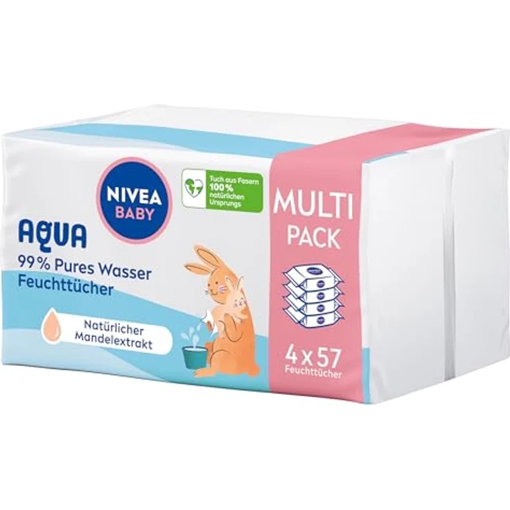 NIVEA Baby AQUA Feuchttücher, hypoallergene und parfümfreie Feuchttücher für Babys mit 99% Wasser, 4 x 57 Stück – Bild 1
