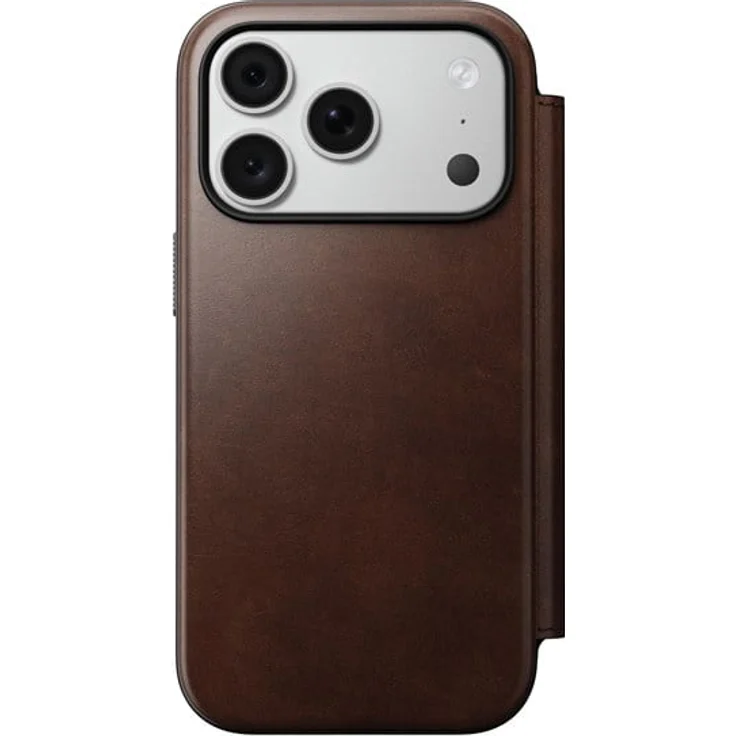 Nomad Modern Leather Folio - rustikal-braunes Horween-Leder, kompatibel mit iPhone 18 Pro/17 Pro, Karten- und Bargeldfächer, MagSafe und Qi2 Unterstützung, Fallschutz bis 2.4 m