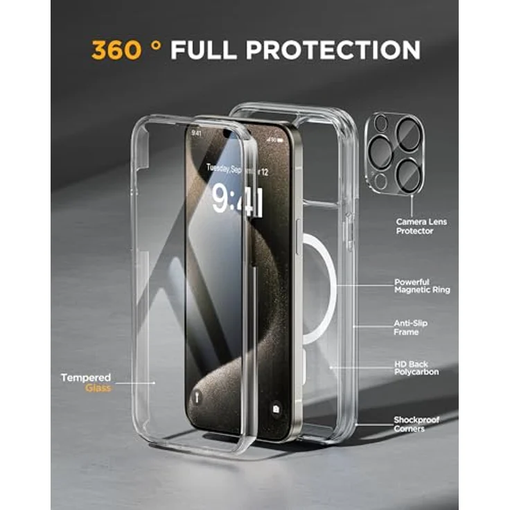 Miracase Glas Serie iPhone 15 Pro Max Hülle mit MagSafe, 360° Militärschutz und Kameraschutz, starke Magnetkraft, klar – Bild 2