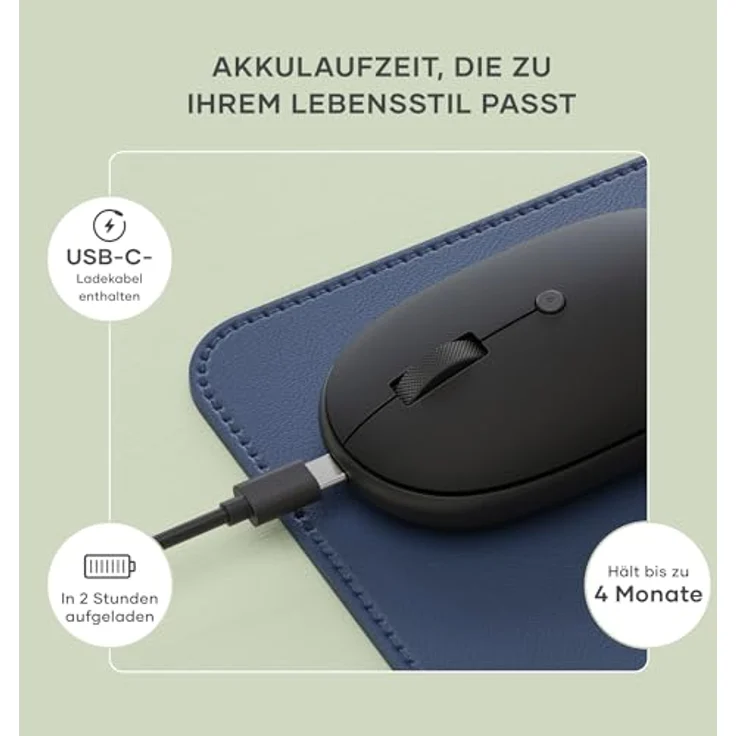 Satechi OntheGo Bluetooth Wireless Mouse, kabellose Maus mit modernem Design, Schwarz, Multi-Device-Unterstützung bis zu 3 Geräten, einstellbare DPI von 800 bis 2400, USB-C-Ladeanschluss – Bild 4
