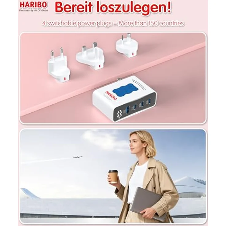 DCHK Haribo 100W Reiseadapter USB C Ladegerät, 4-Port GaN Travel Adapter mit UK/EU/AU Stecker, PD Schnellladegerät für MacBook Pro, Laptops, iPhone 16/15, Samsung Galaxy S25/S24, Rot – Bild 2