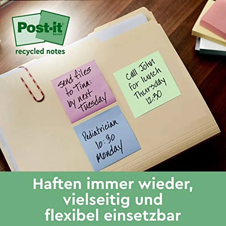 Post-it Super Sticky Recycling Notes RSS12COL, extrastarker Haftnotizblock aus 100% Recyclingpapier, leuchtende Farben – Bild 8